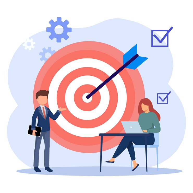 Vector mensen uit het bedrijfsleven rijden pijl naar doel. teamwerk organisatie. businesscoach, bedrijfsleider.