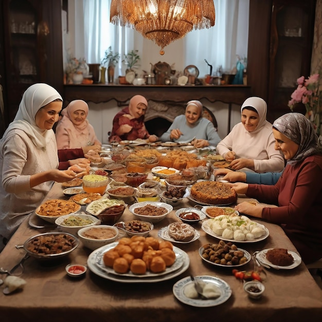 Mensen uit het Midden-Oosten eten aan de eettafel tijdens het vasten van de Ramadan