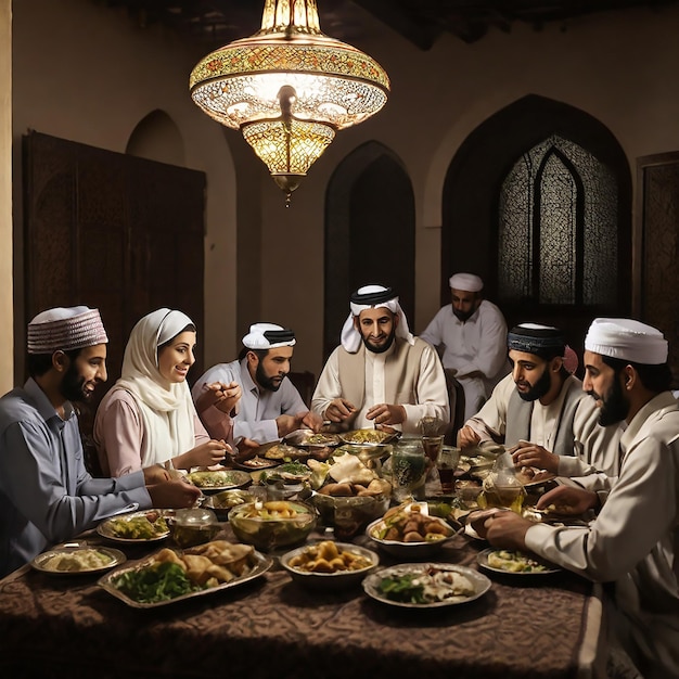 Mensen uit het Midden-Oosten eten aan de eettafel tijdens het vasten van de Ramadan