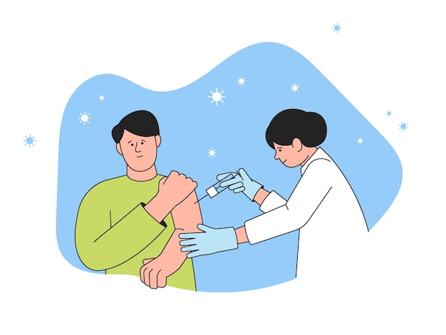 Mensen vaccineren Dokter die injectie doet aan patiënt griepvaccin Vaccinatie in kliniek verpleegster met spuit en volwassen man vector recent concept