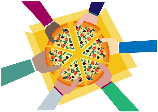 Vector mensen van verschillende rassen eten samen en delen een groot stuk pizza vanuit een bovenaanzicht vectorillustratie