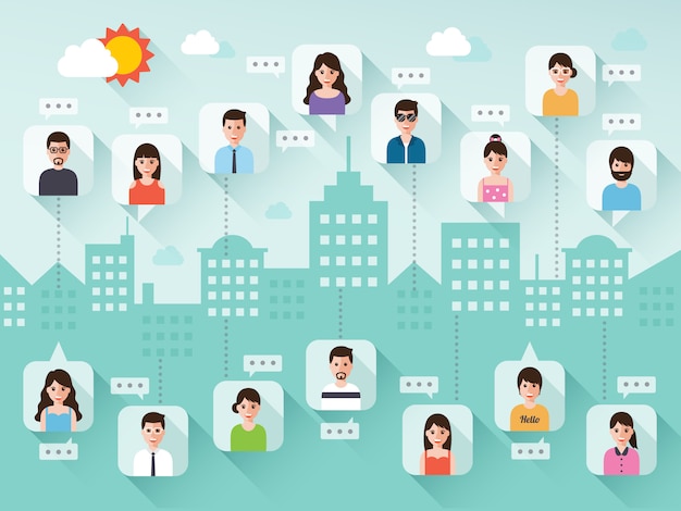Vector mensen verbinden via sociaal netwerk in de stad