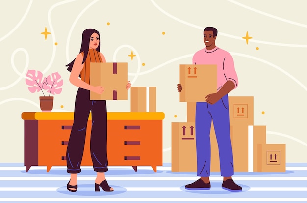 Mensen verhuizen concept man en vrouw met kartonnen dozen gelukkig gezin binnen jong meisje met items