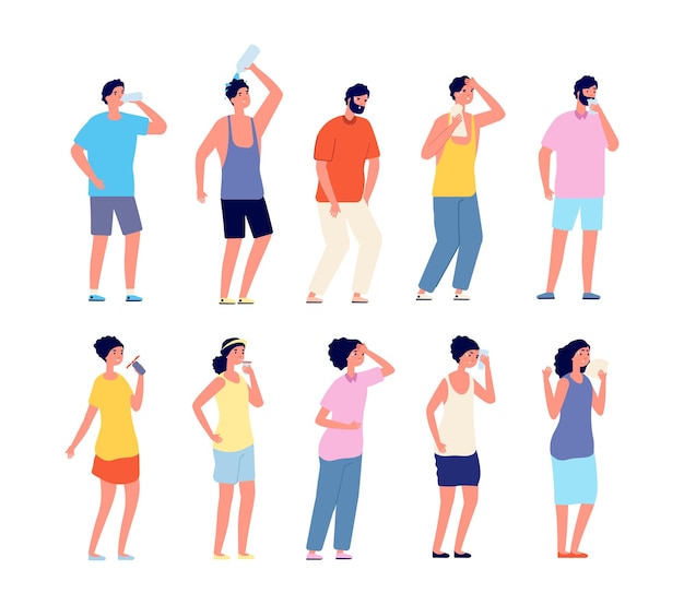 Mensen verkoeling hete zomer. zweterige volwassene, vrouw man met koele dranken. persoon ontspanning en drinken, outdoor activiteit vector set. hete mensen drinken water, gezond karakter verversen illustratie