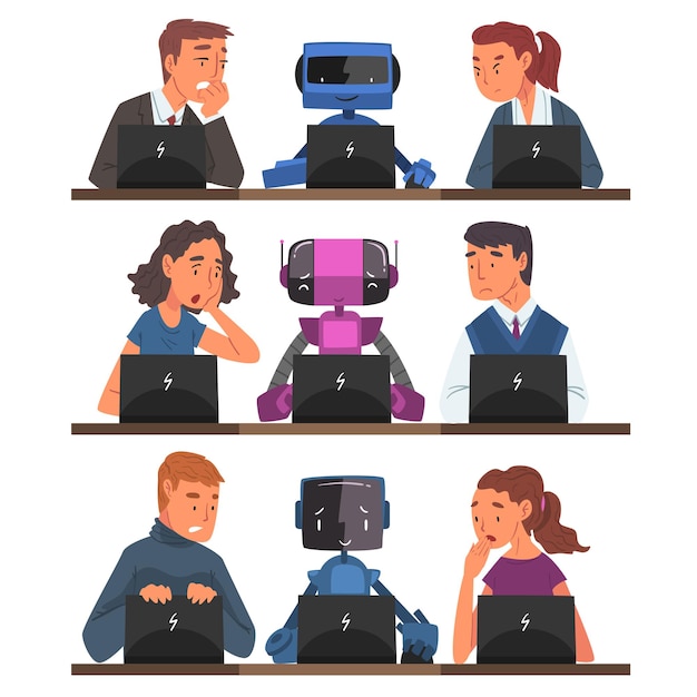 Mensen versus robots set zakenmensen en androïden werken samen met laptopcomputers gestrest professionele managers en cyborgs werken hard vector illustratie