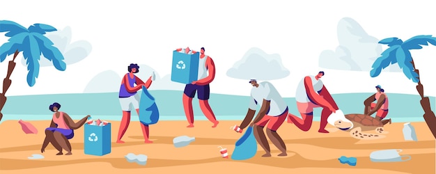 Mensen verzamelen afval in tassen op het strand. Vervuiling van de kust met verschillende soorten afval. Cartoon vlakke afbeelding