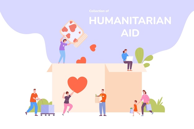 Vector mensen verzamelen sociale hulp vrijwilligerswerk gemeenschap helpen humanitair fondsenwerving werken solidariteit liefdadigheid samenwerkende vrijwilliger hart voedsel geven in aalmoezendoos vector illustratie