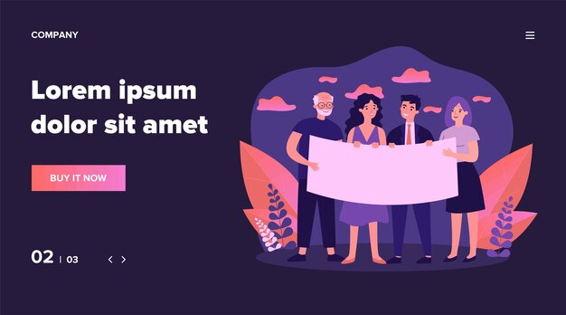 Mensen verzamelen zich voor protest. diverse groep die zich verenigt en lege bannerillustratie houdt. positie en activisme concept voor banner, website of bestemmingswebpagina