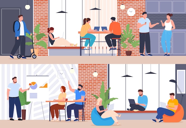 Mensen werken samen in een coworking-centrum Mensen communiceren werkuitwisselingservaring Moderne werkplek Vectorillustratie