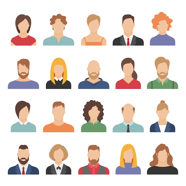 Mensen zaken avatars. team avatars werken office professionele jonge vrouwelijke mannelijke cartoon gezicht portret plat design iconen set