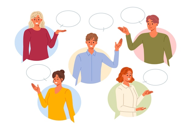 Mensen zijn blij om te communiceren en informatie te delen terwijl ze onder gesprekswolken staan