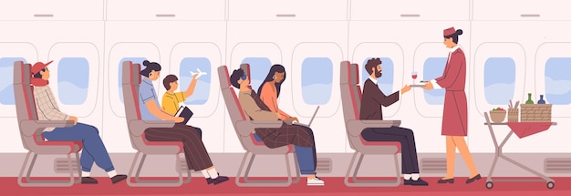 Mensen zitten op een fauteuil in een vliegtuig zijaanzicht platte vectorillustratie. Vriendelijke stewardess met eten en drinken kar in gangpad. Man, vrouw en kind in het interieur van de cabine. Passagier en personeel in jet.