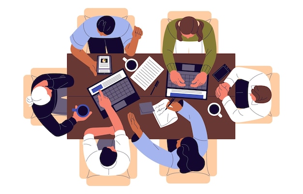 Mensen zitten op stoelen rond de tafel top view Medewerkers werken op het bureau met laptops Onderhandelingen in het kantoor team bijeenkomst Zakelijke samenwerking teamwerk Platte geïsoleerde vector illustratie op wit