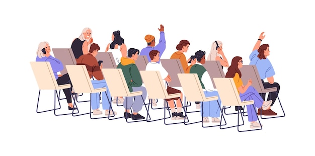Mensen zitten te luisteren naar het seminar achteruitzicht Menigte op rijen stoelen lezingen tijdens de conferentie Het publiek zit op de stoelen handen omhoog om te vragen tijdens de lezing Platte geïsoleerde vector illustratie op witte achtergrond