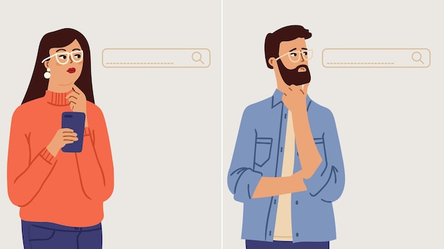 Mensen zoeken in internet browser zoekpaneel denken man en vrouw met smartphone bedrijfspersoon in werkproces op zoek naar informatie vectorillustratie
