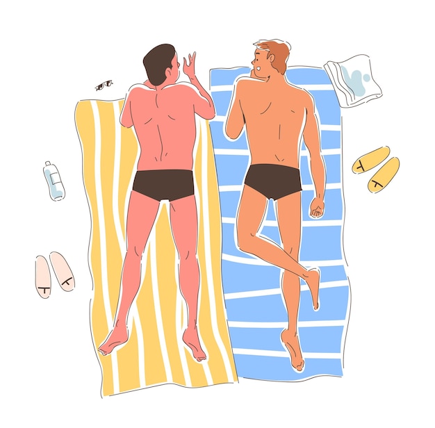 Mensen zonnebaden op het strand doodle Vrije tijd buitenshuis in het zomerseizoen Mannen liggen bij een deken Rust in het tropische land Social media sticker Cartoon platte vector illustratie geïsoleerd op witte achtergrond