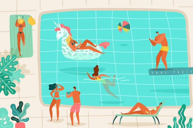 Mensen zwembad. Personen ontspannen zomer zwembad zwemmen duiken sprong zonnebaden ligstoelen partij resort kleurrijke vlakke afbeelding
