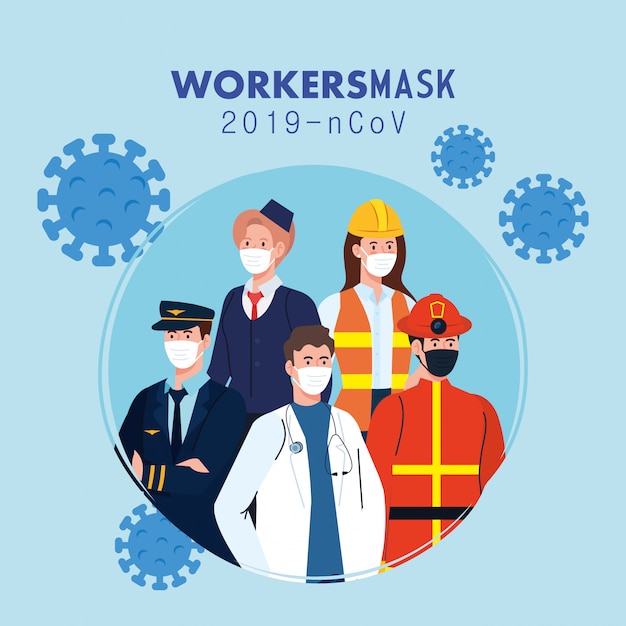 Mensenarbeiders met uniformen en werkmaskers