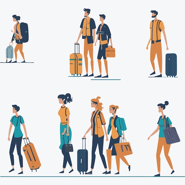 Mensenpersonages met tassen, koffers en rugzakken op de luchthaven haasten zich voor vertrek Travellin