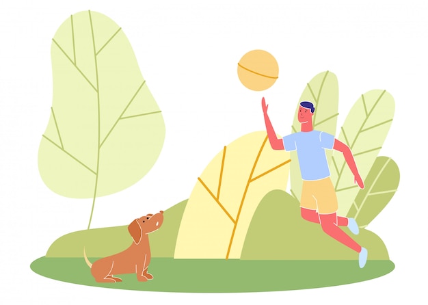 Mensenspel met hond in gooi gele bal in parkgebied