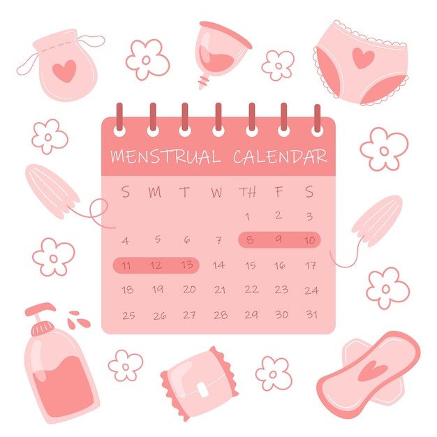 Vettore calendario del ciclo mestruale e articoli per l'igiene femminile in stile piatto