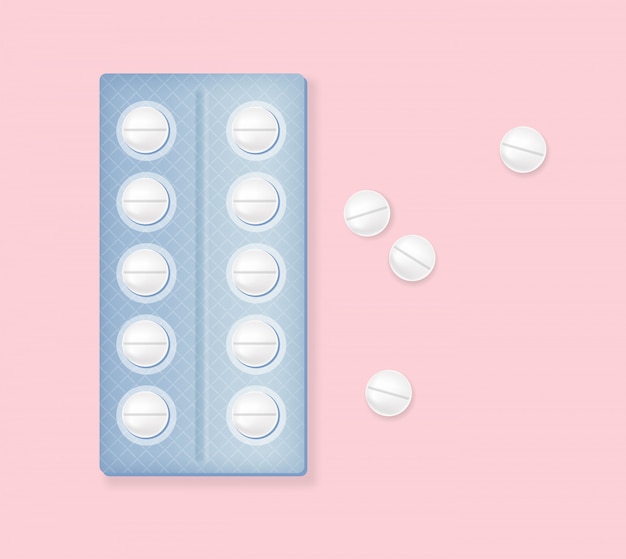 Menstrual cycle pills in blister on rose background