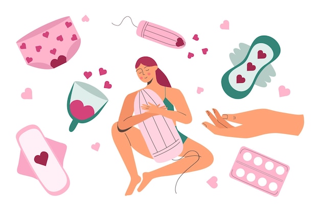 Vector menstrual cycle pms the woman is holding a tampon various hygiene items
