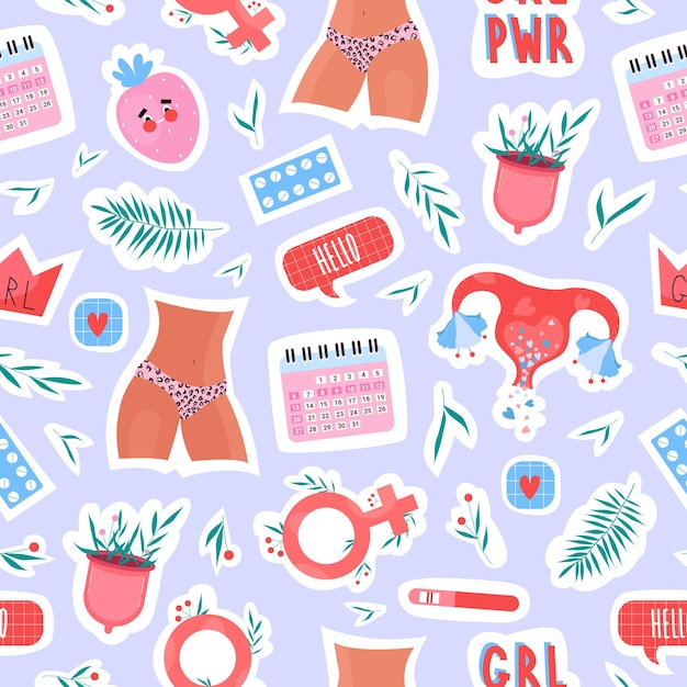생리컵, 자궁, 꽃, 그리고 손으로 그린 현대적인 스타일의 월경 요소와 신체 긍정적인 여성 패턴