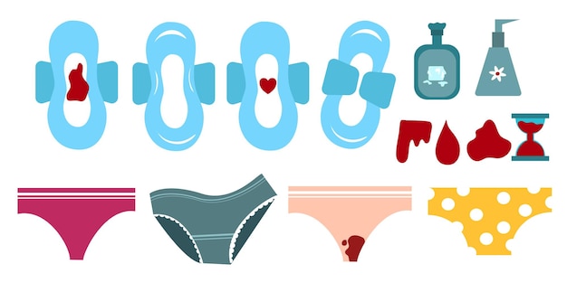 Menstrual Feminine hygiene set. Hand-drawn cartoon collection of monthly period stuff.