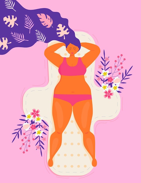 Vector menstrual health cycle concept vector in flat style woman sleeping on a hygiene pad with tropical flower and leaves comfort and care for woman