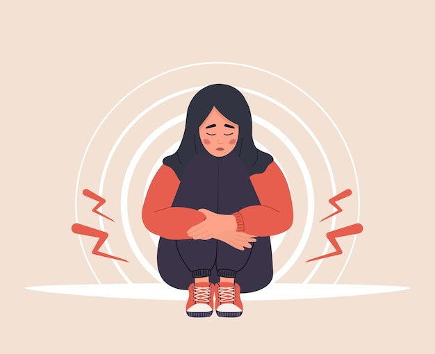 Vector menstrual pain. sad arab woman in hijab with abdominal cramps or pms symptoms.