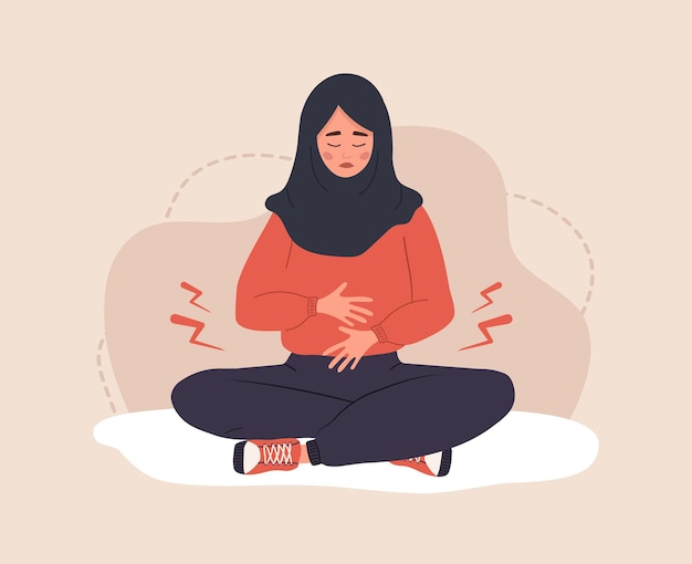 Vector menstrual pain. sad arab woman in hijab with abdominal cramps or pms symptoms.