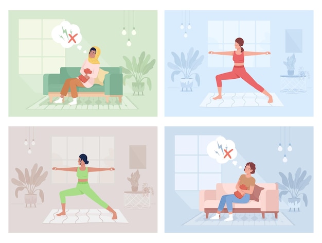 Menstrual pain and sports activity flat color vector illustrations set