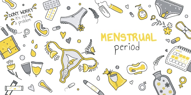 Concetto di periodo mestruale per il design di banner con motivo a forma di doodle di linea piatta disegno a mano con texture con coppa dell'utero calendario di venere segno riscaldamento pad panty compresse tamponi illustrazione vettoriale per il web