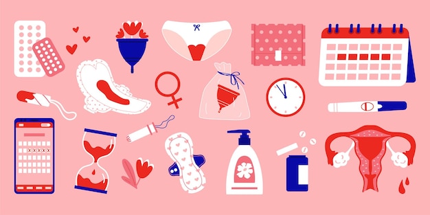 Vettore set periodo mestruale prodotti del periodo femminile cura mestruale femminile illustrazione vettoriale piatta