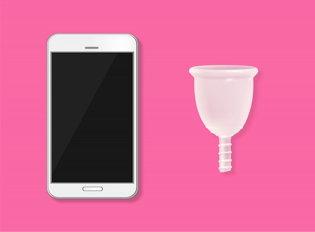 Vettore composizione di smart phone e tazza mestruale. sfondo rosa