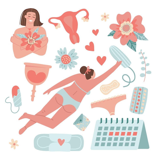 Menstruatie clipart set hygiëne van de vrouw tijdens de menstruatiecyclus jonge vrouwen in ondergoed bloem