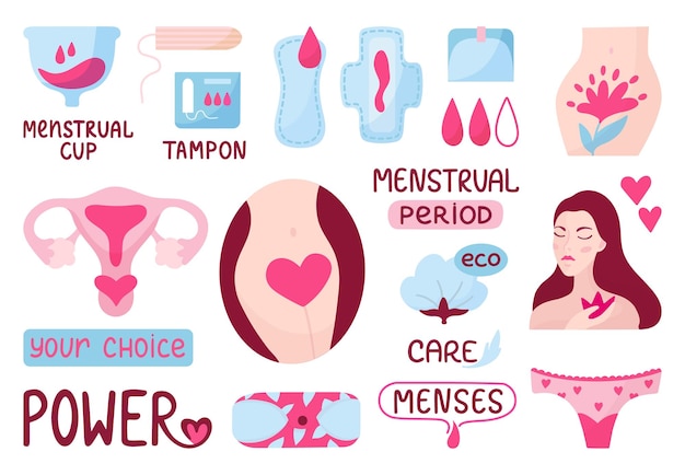 Menstruatie hygiëne cartoon elementen Menstruatie beker en pads vrouwelijke onderbroek en tampon Vrouw zelfliefde en macht neoterische vector set