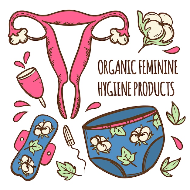 MENSTRUATIE SET Organisch Vrouwelijk Gynaecologisch Gezondheidszorg Zero Waste Vrouwen Hygiëne Handgetekende Illustratie Clip Art For Print