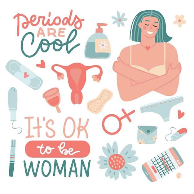 Menstruatie zelfzorg items set elementen kit van vrouwelijke menstruatie menstruatiebloed baarmoeder baarmoeder zwangerschapstest slipje maandverband tampon herbruikbare beker bloemen gekleurde platte vectorillustraties