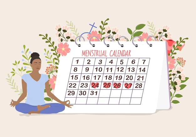 Vector menstruatiekalender met vrouw en bloemen