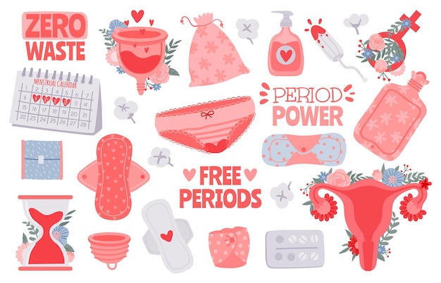 Vector menstruation hygiene. female period products - tampon, pads, menstrual cup. zero waste for woman critical days vector set. menstruation female period, feminine menstrual care illustration