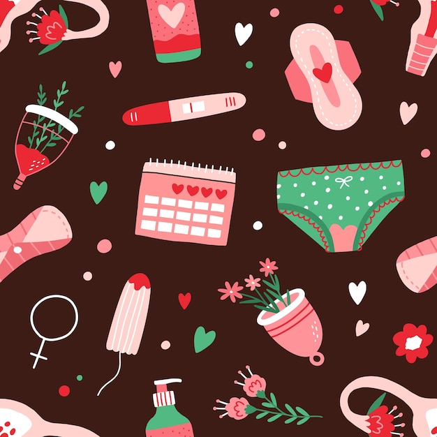 Menstruation pattern with menstrual period blood and hygiene items of woman. Seamless background with sanitary pads, tampons, cups and underwear. Colored flat vector illustration of repeating texture.