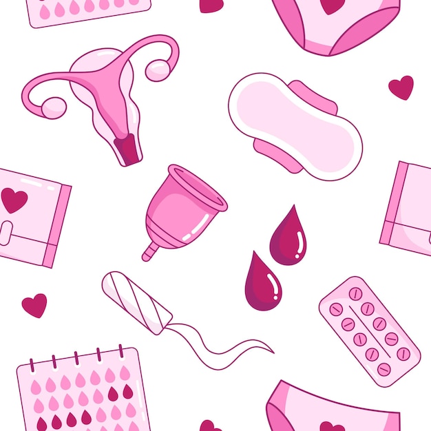 Menstruation periods cycle accessories and objects seamless pattern background Woman hygiene