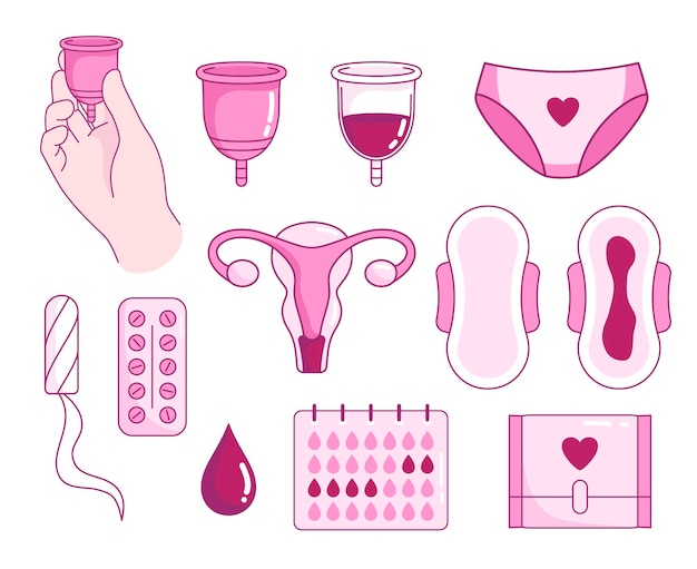 Periodi mestruali, cicli, accessori e oggetti illustrazioni di igiene femminile