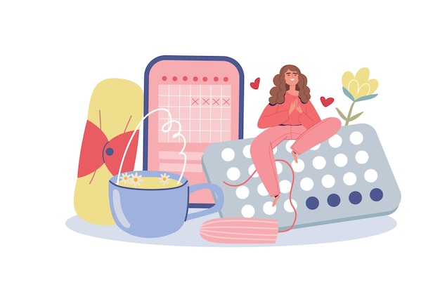 月経のテーマ 女性用衛生パッド なだめるようなお茶 タンポン カレンダー ホルモンの丸薬 女性の健康の概念 女性用衛生製品 白い背景で隔離の漫画ベクトル図