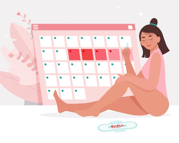Тема менструации. Женская гигиена. Молодая женщина в нижнем белье, держащая тампон в менструальный период. Календарь менструаций в фоновом режиме