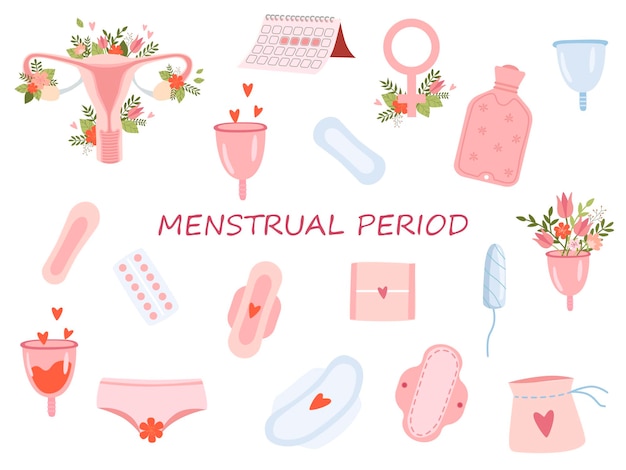 Vettore tema mestruazioni periodo vari prodotti per l'igiene femminile protezione mestruale igiene femminile