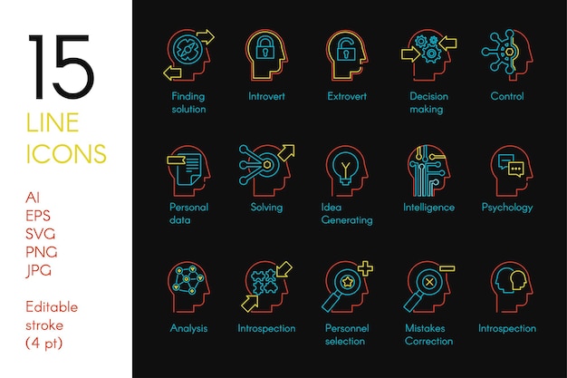 Mental activity color linear icons set. analytical thinking blue and yellow thin line pictograms