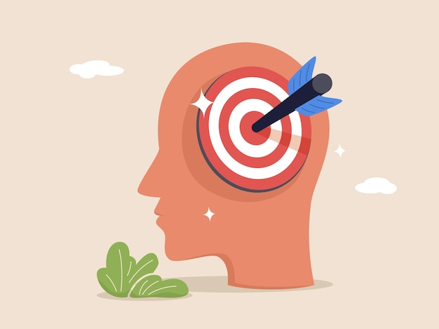 Mental concentration concept Human heads silhouette with arrow on target Successful strategy